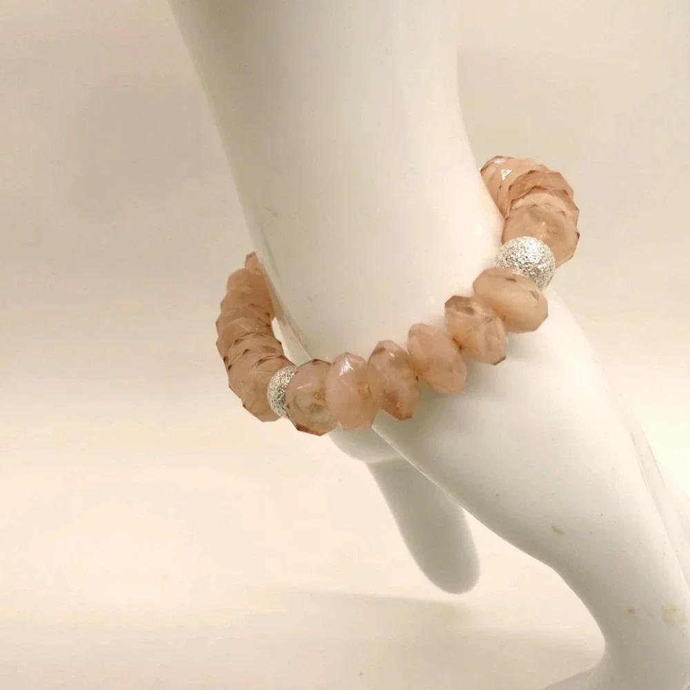 Beaded Stretch Bracelet‎ Faceted Light Pink Peach Silver Tone Beads